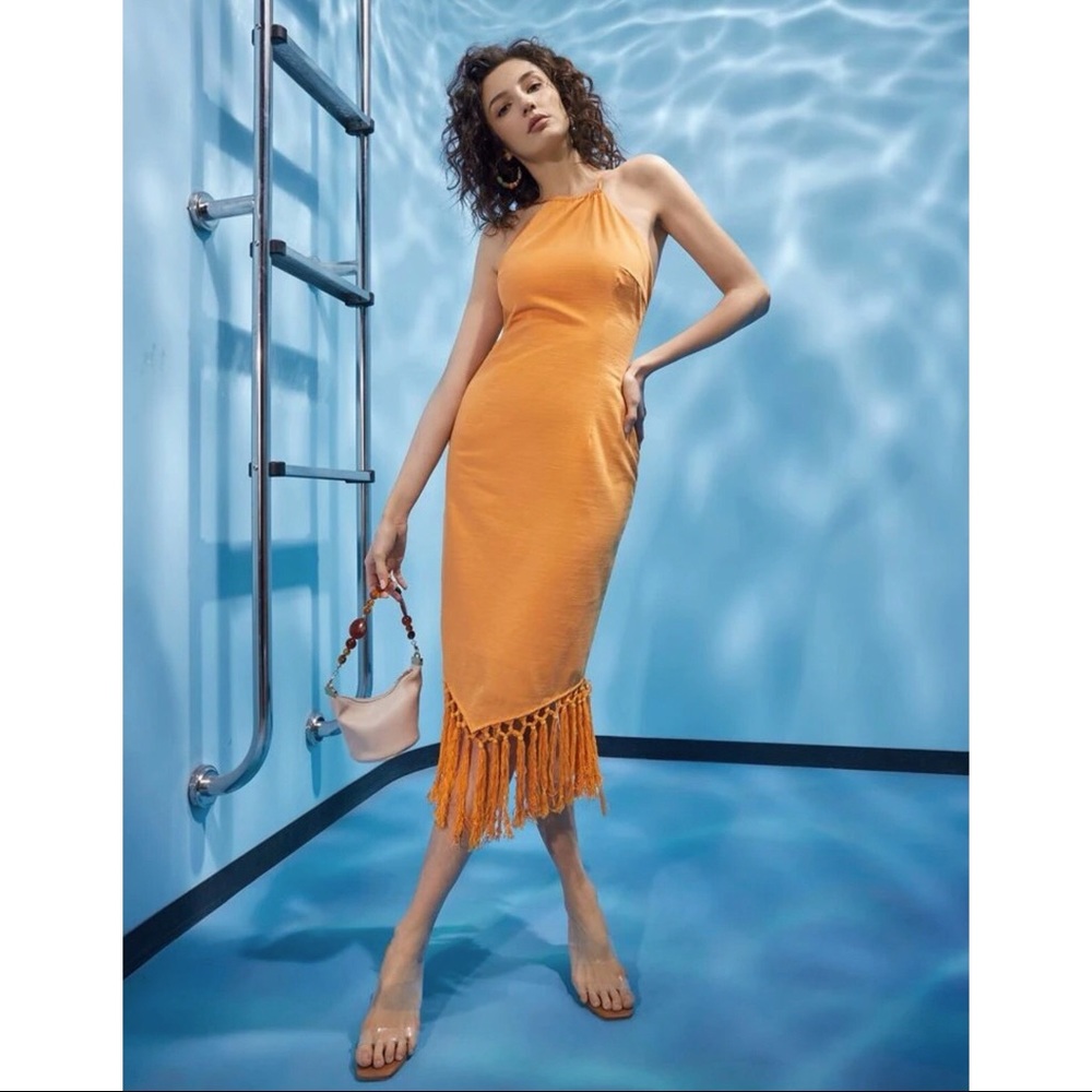 Open Back Fringe Hem Halter Dress